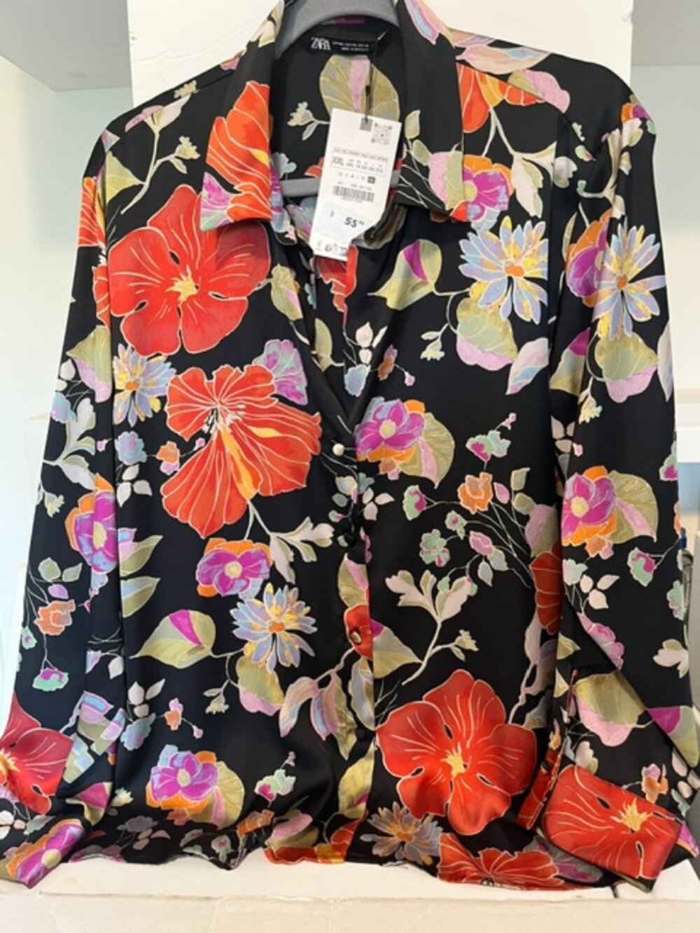 Zara black floral satin blouse.